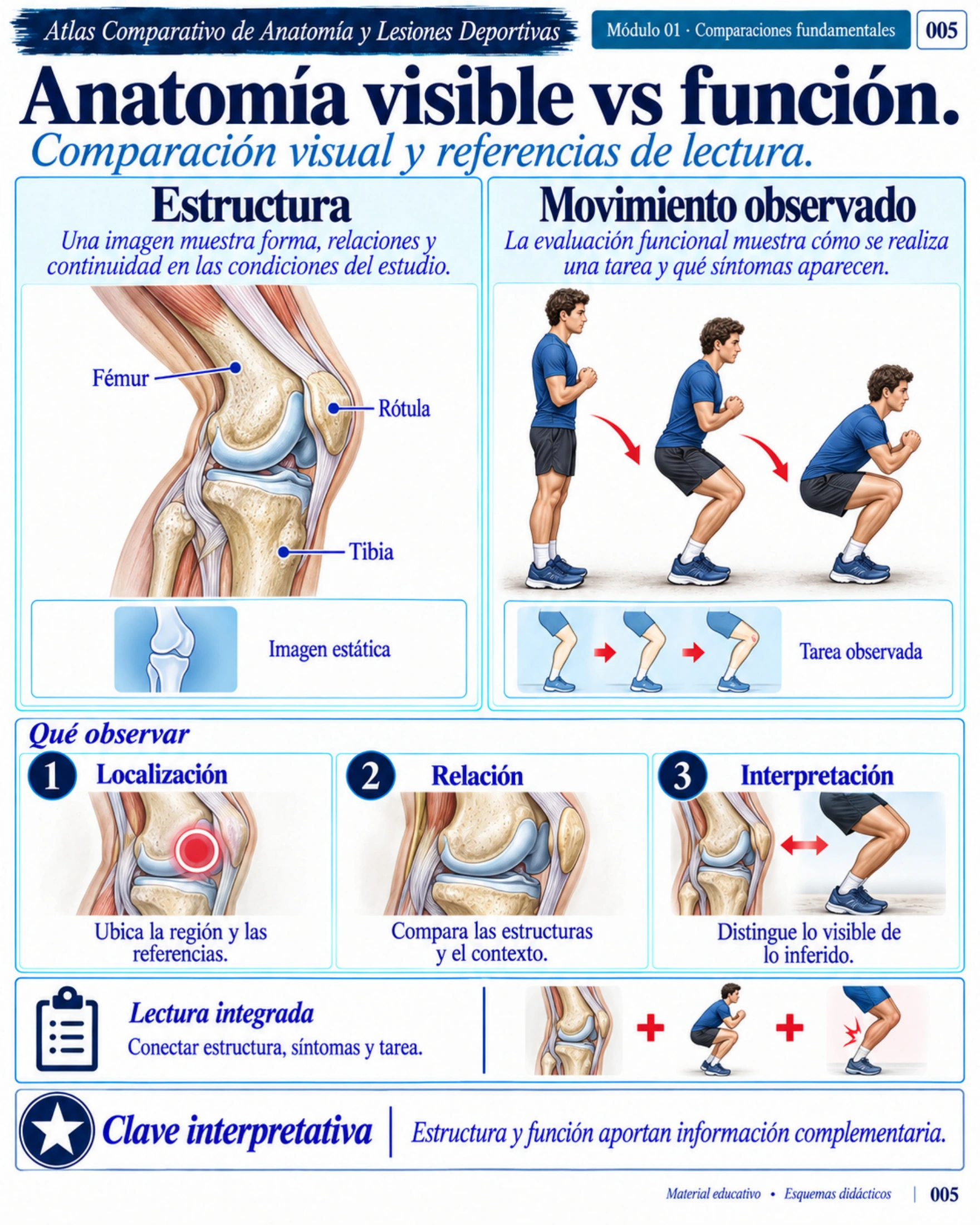 Página 5: Anatomía visible vs. función. Muestra original de la biblioteca educativa de lesiones deportivas.