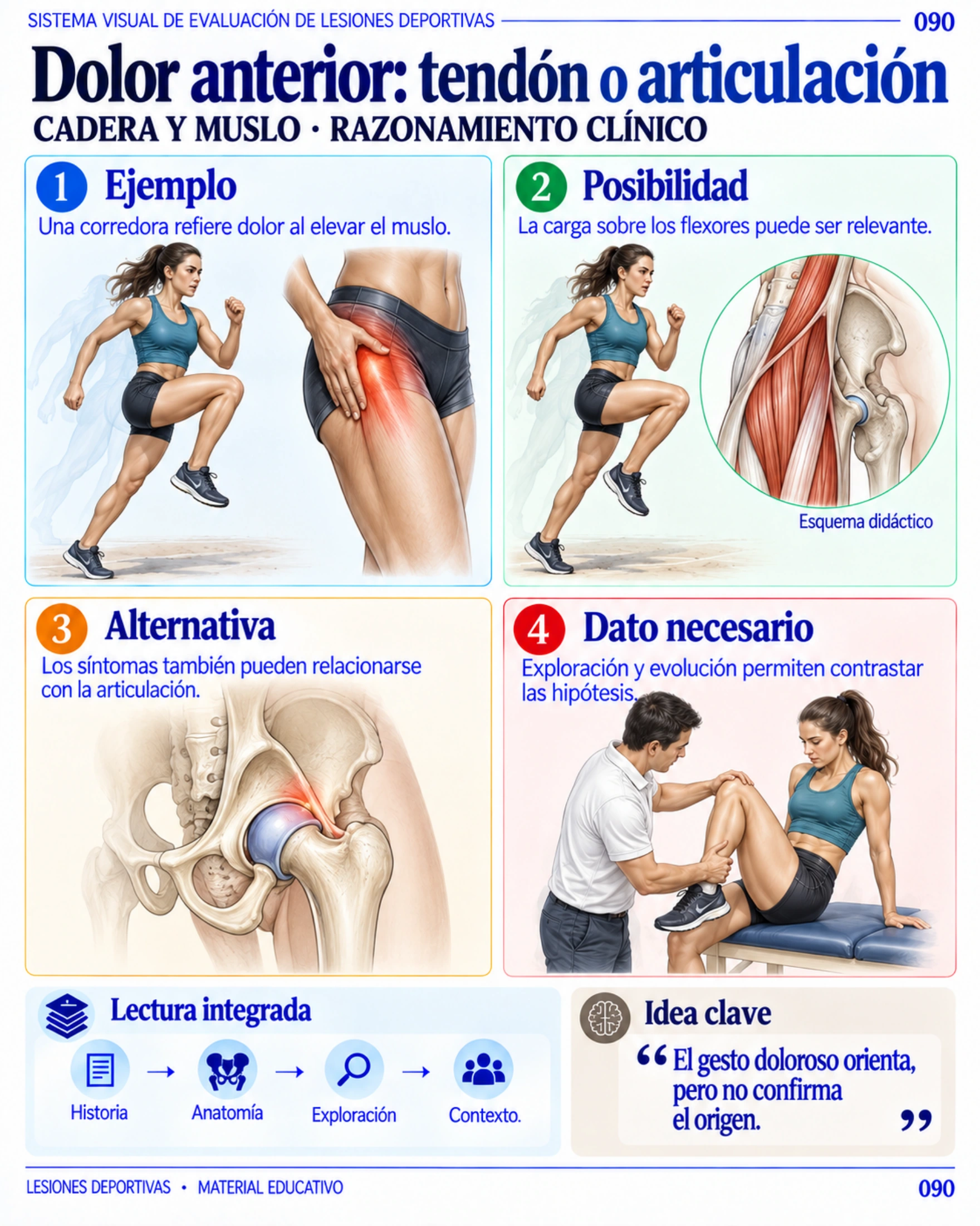 Página 90: Dolor anterior: tendón o articulación. Muestra original de la biblioteca educativa de lesiones deportivas.