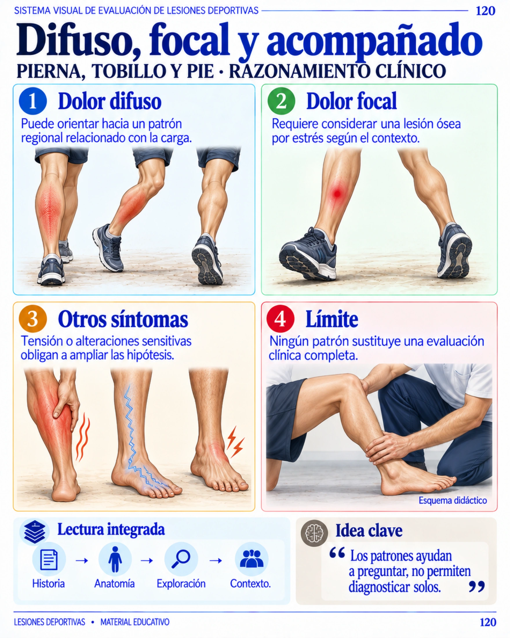 Página 120: Dolor difuso, focal y acompañado. Muestra original de la biblioteca educativa de lesiones deportivas.